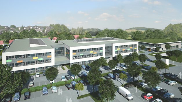 Der geplante Technologiecampus: CIIT mit Erweiterungsbau (links) und SmartFactoryOWL (rechts).