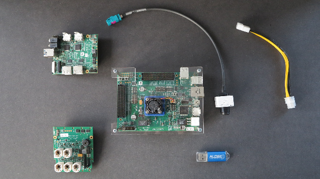 Aldec TySOM Embedded Development Kit (Mitte) und weitere Peripheriegeräte zur Gesichtserkennung (außen).
