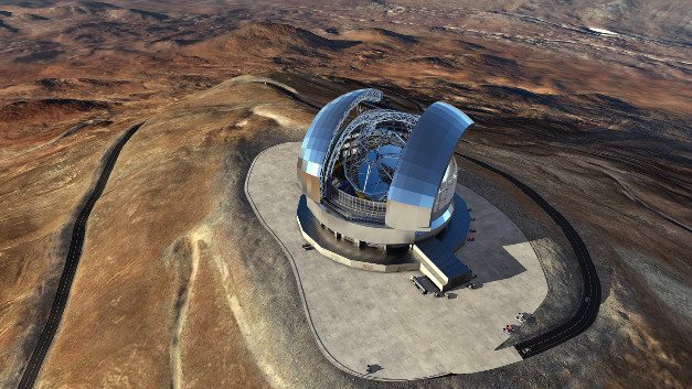 Das European Extremely Large Telescope (E-ELT) soll das größte Spiegelteleskop der Welt werden. 2024 soll es in Betrieb gehen. Diese künstlerische Darstellung des E-ELT beruht auf dem detaillierten Konstruktionsentwurf für das Teleskop.