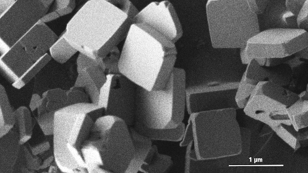 Elektronenmikroskopische Aufnahme der plättchförmigen Lithium-Kobaltphosphat-Kristalle.