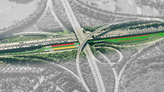 Das duraBASt im Autobahnkreuz Köln-Ost mit Demonstrations- (rot), Untersuchungs- (gelb) und Referenzabschnitten (grün).
